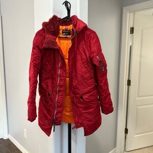 Women’s Alpha Industries Parka Jacket No Hood Fur Red Longline Jacket Coat XS